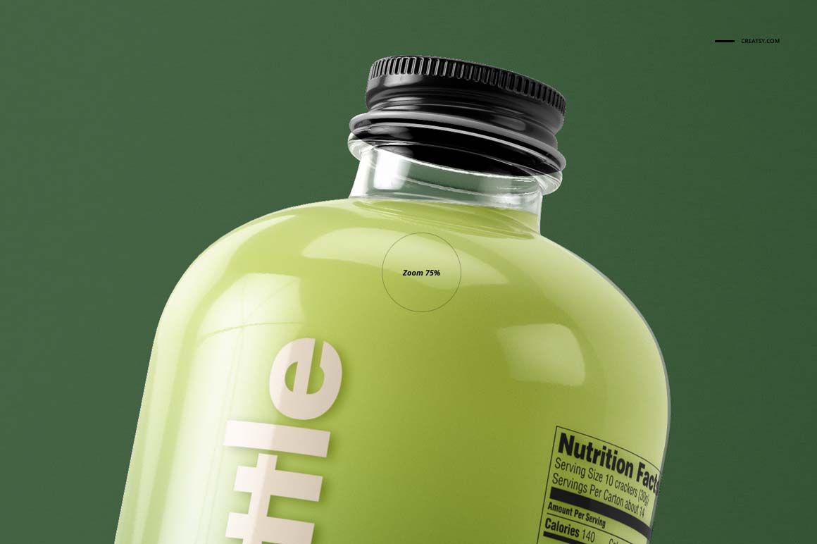 Glass bottle mockup featuring a black screw cap, pale green contents, and visible label details against a solid green backdrop.