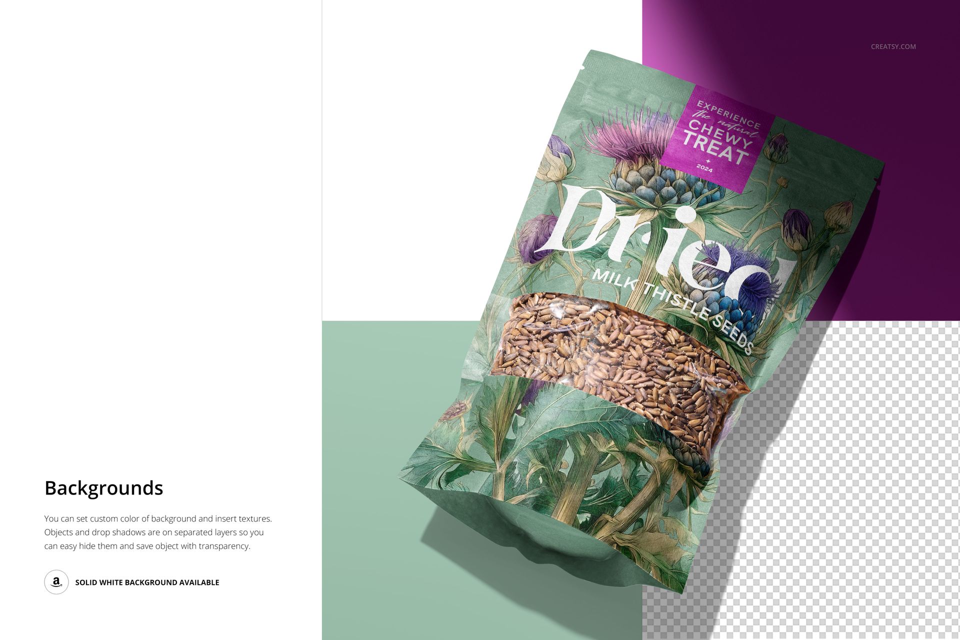 Milk thistle seeds paper pouch mockup featuring botanical artwork, shown at an angle on a multi-colored surface.
