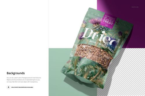 Milk thistle seeds paper pouch mockup featuring botanical artwork, shown at an angle on a multi-colored surface.