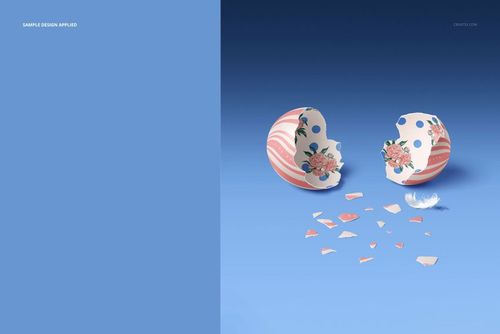 Front view of a cracked Easter egg mockup with pink floral and wavy patterns on a blue gradient background.