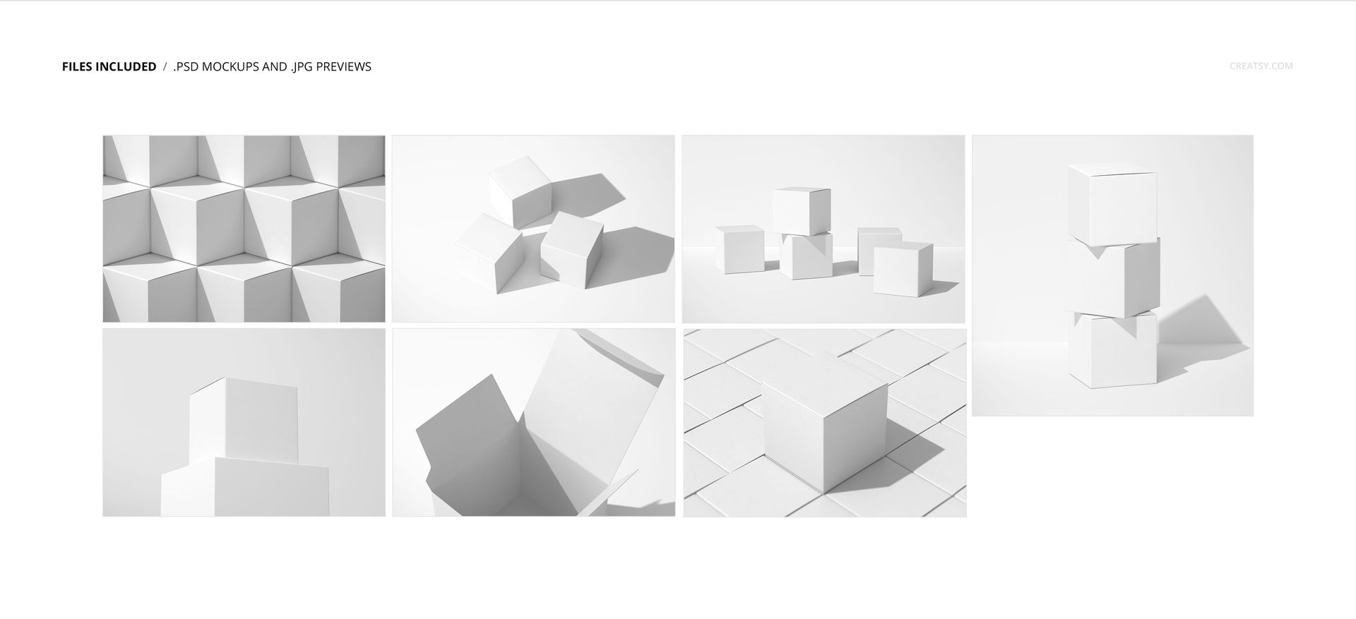 Square box mockup set featuring multiple white boxes arranged in various positions on a plain light background.