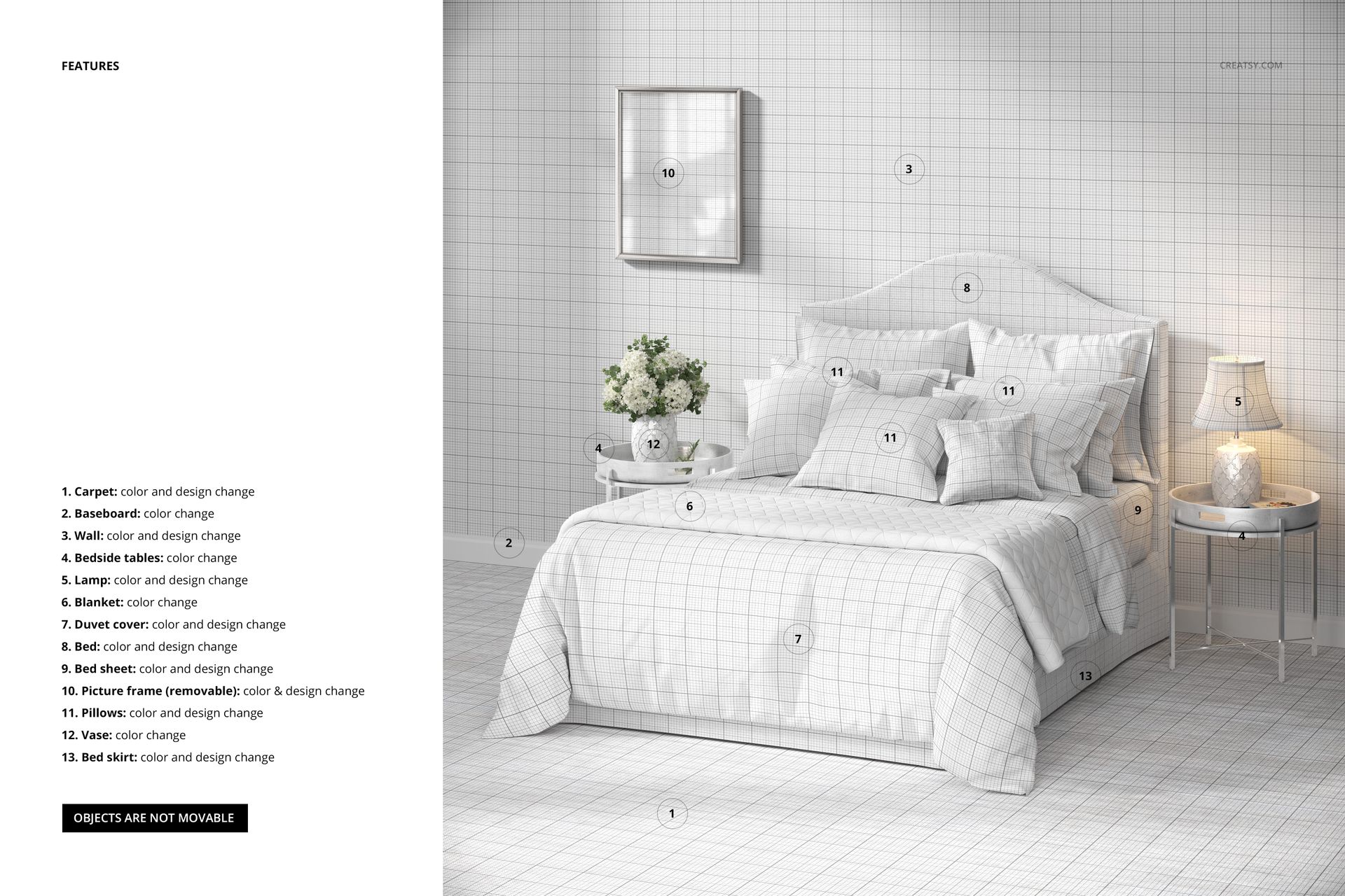 Colonial style bedroom mockup showing a front view of a bed with grid-patterned bedding, pillows, and wallpaper. Side tables hold a lamp, books, and a vase of flowers.