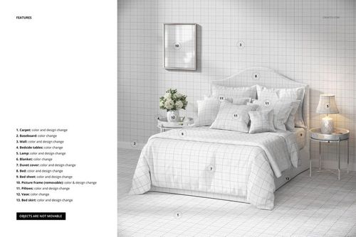 Colonial style bedroom mockup showing a front view of a bed with grid-patterned bedding, pillows, and wallpaper. Side tables hold a lamp, books, and a vase of flowers.