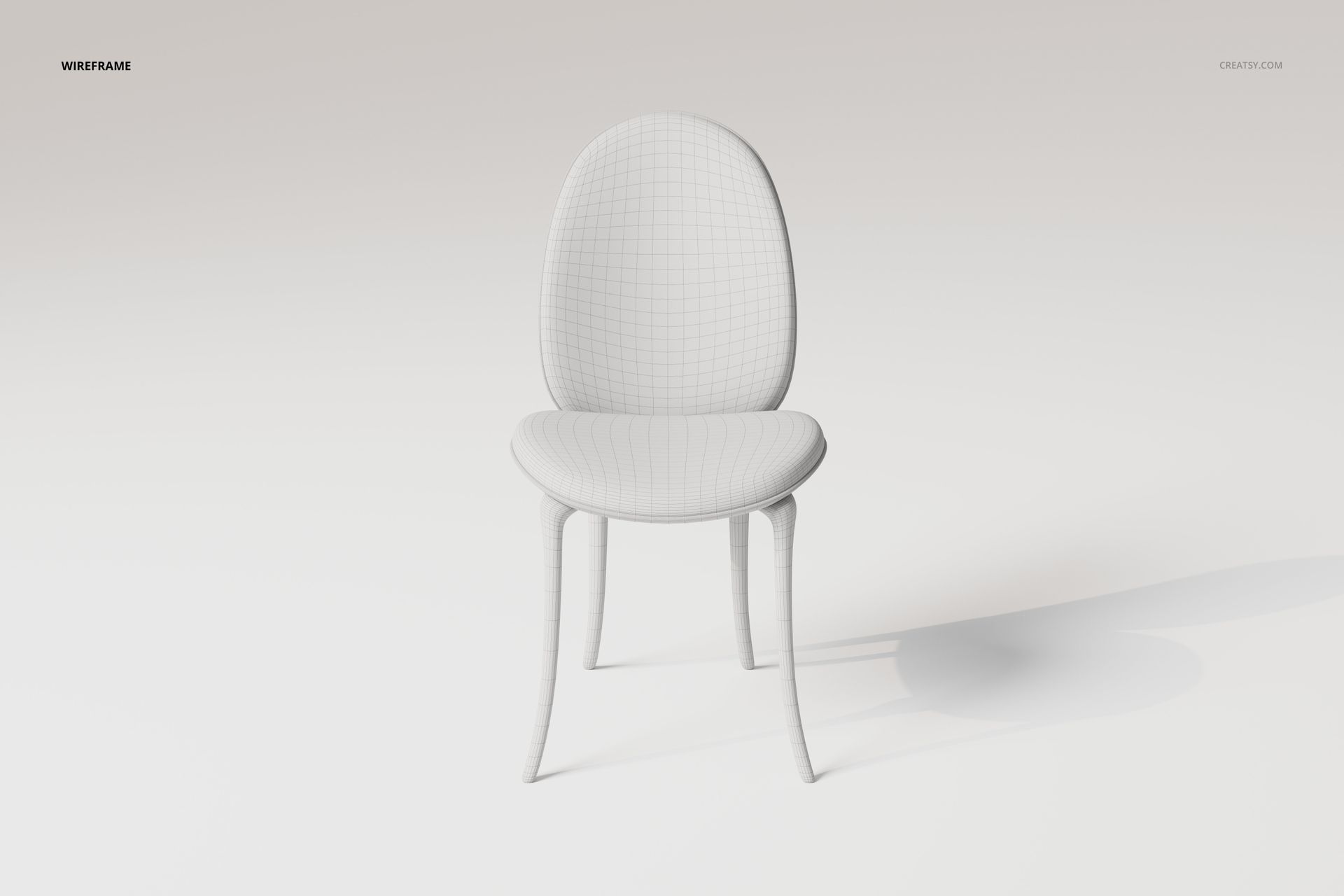 Front view of a beetle-style dining chair 3D model in white, featuring a curved backrest and seat with subtle grid lines.