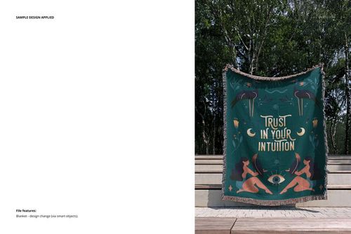 Jacquard fringed throw blanket mockup displayed outdoors on wooden steps, featuring a green design with mystical elements.