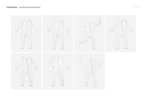 Collection of white baby pajama mockups arranged in a grid, featuring front, back, and side views on a neutral surface.