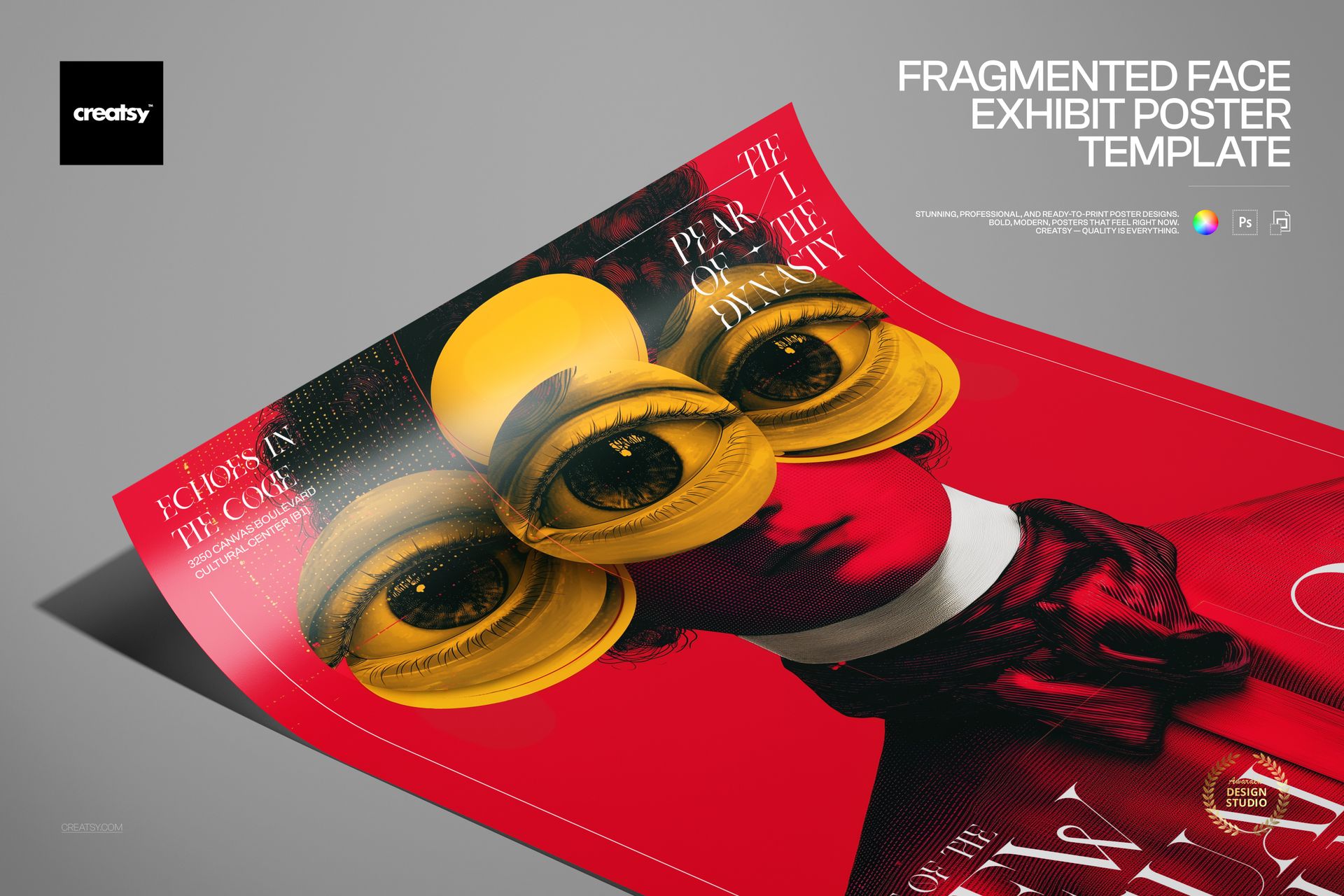 PSD mockup of a poster showing a surreal fragmented face with layered yellow eyes and geometric shapes on a red surface.