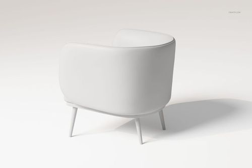 Scandinavian style armchair with smooth white upholstery, rounded backrest, and angled legs, rear side view.