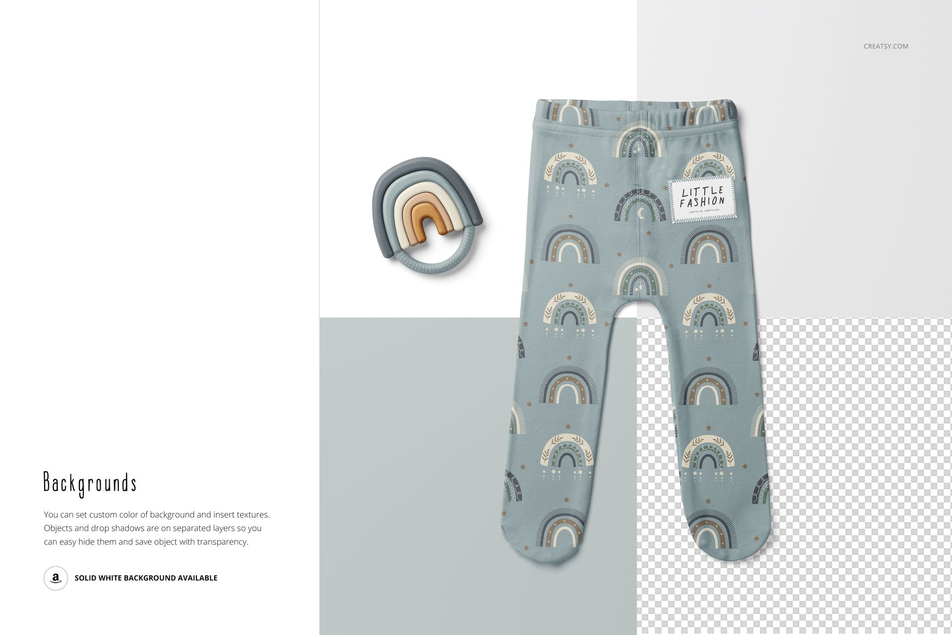 Mockup of footed baby leggings featuring a soft blue base with rainbows, shown flat with a small rainbow toy beside.
