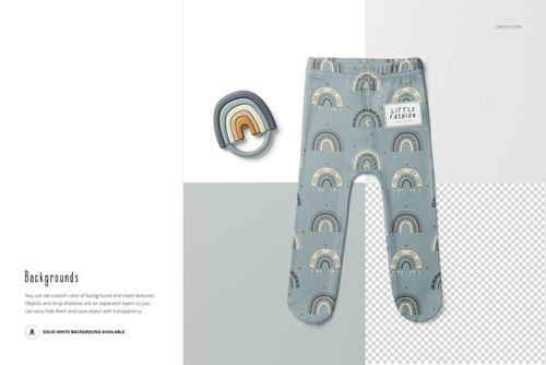 Mockup of footed baby leggings featuring a soft blue base with rainbows, shown flat with a small rainbow toy beside.