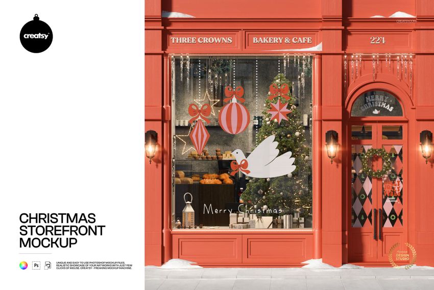 Front view of a festive bakery storefront mockup with red facade, holiday decorations, and Christmas tree inside.