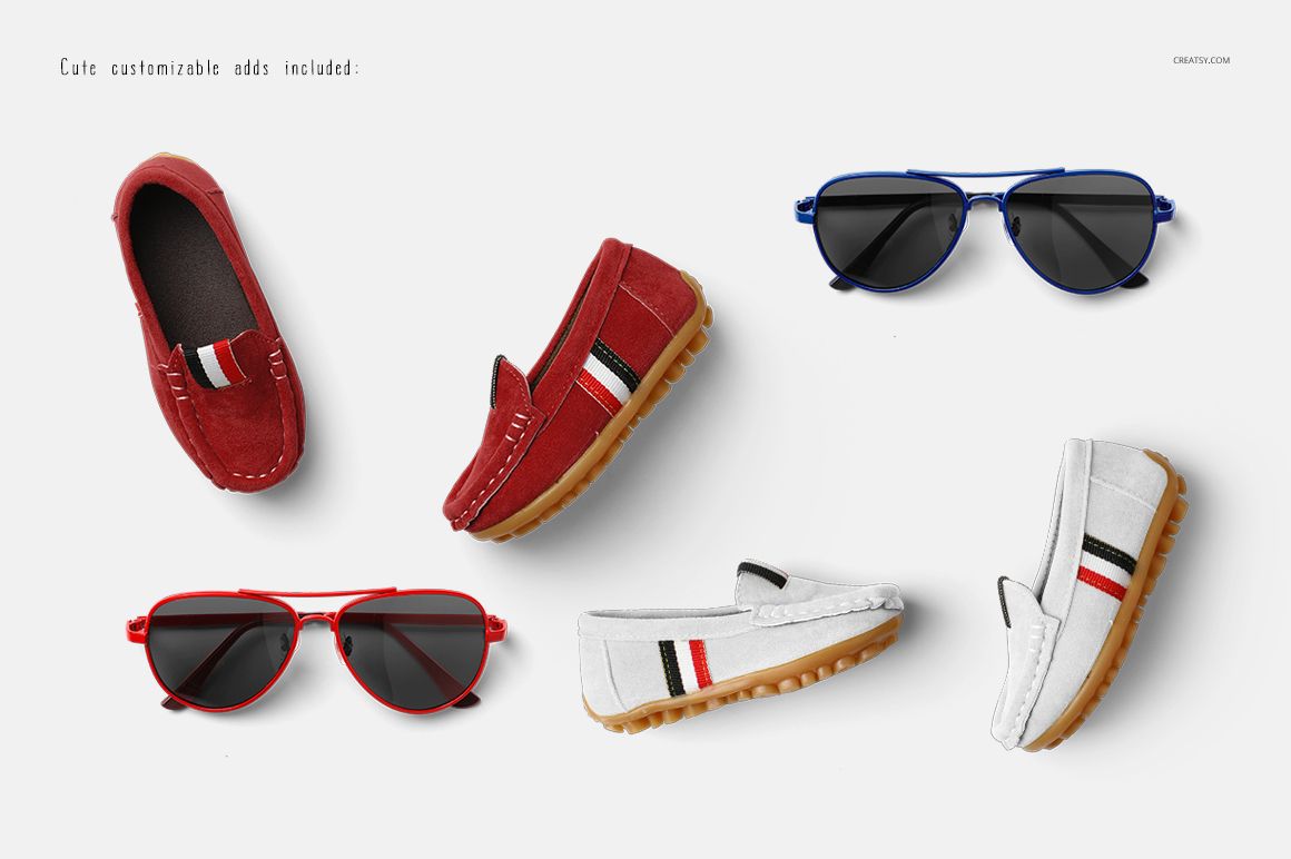 Top view of kids polo set mockup featuring two pairs of loafers in red and white with striped accents and two pairs of sunglasses.