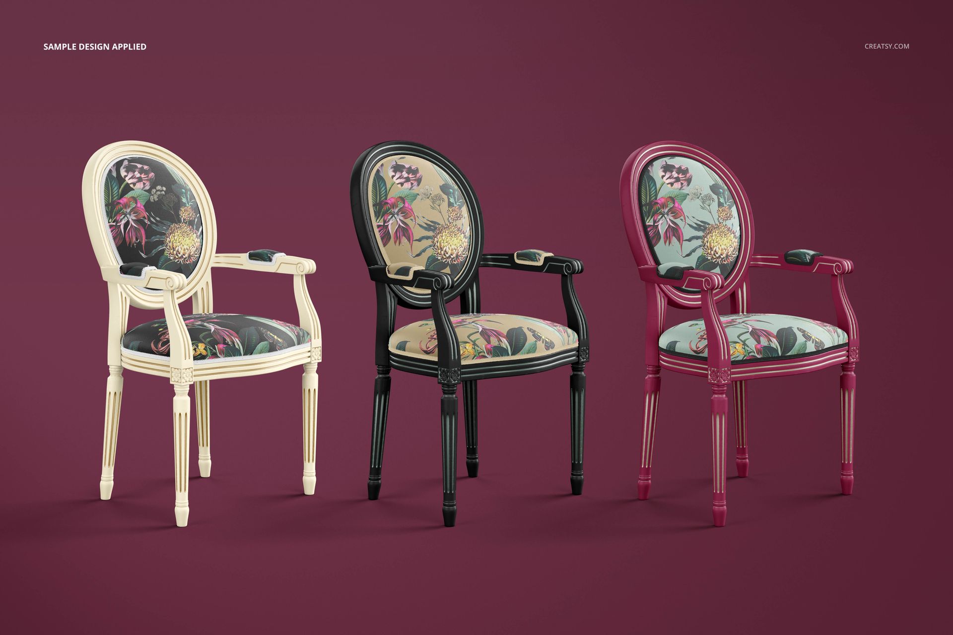 Three upholstered armchairs with medallion backs, featuring cream, black, and burgundy frames in a PSD mockup scene.