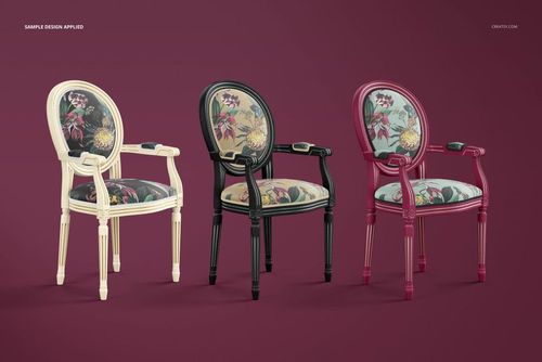 Three upholstered armchairs with medallion backs, featuring cream, black, and burgundy frames in a PSD mockup scene.