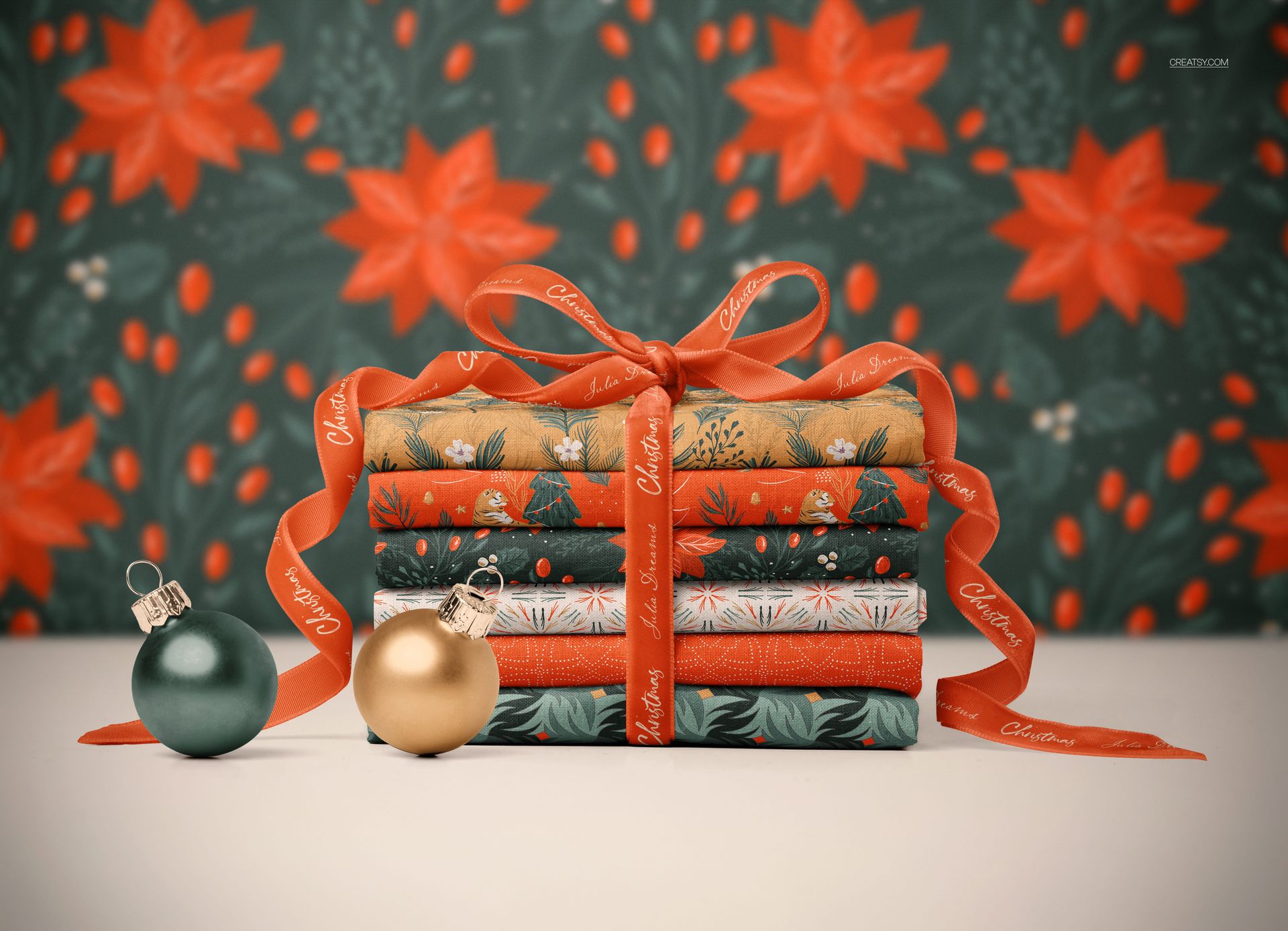 PSD mockup of stacked gift boxes in holiday patterns and ribbon, placed on a white table with festive background.