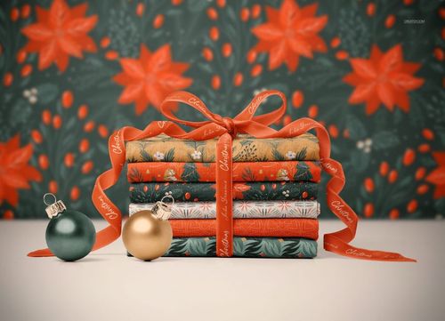PSD mockup of stacked gift boxes in holiday patterns and ribbon, placed on a white table with festive background.