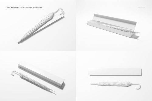 Umbrella and matching packaging box displayed in various angles, highlighting the mockup set's minimal design.