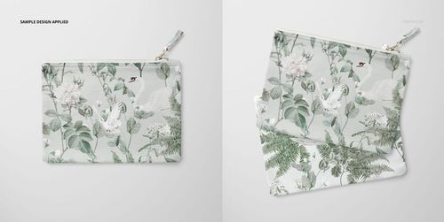 Flat canvas pouch with fabric zipper pull featuring a botanical pattern, shown in front and angled views on a light background.