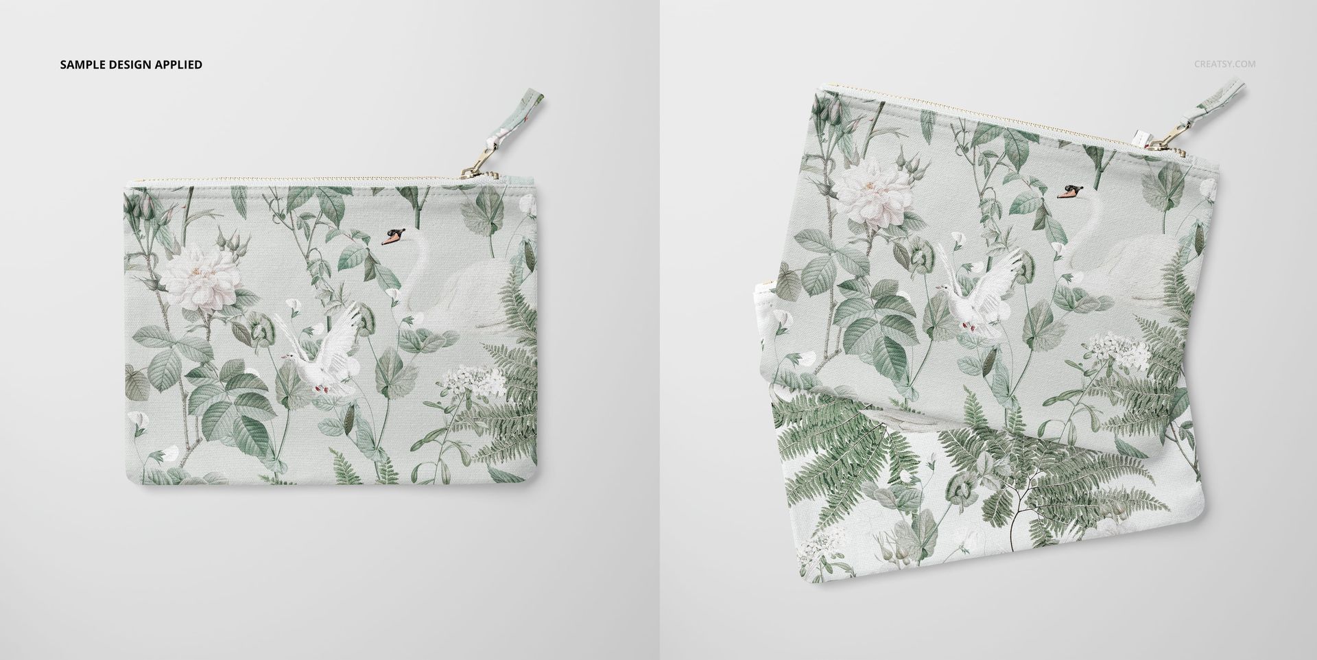 Flat canvas pouch with fabric zipper pull featuring a botanical pattern, shown in front and angled views on a light background.