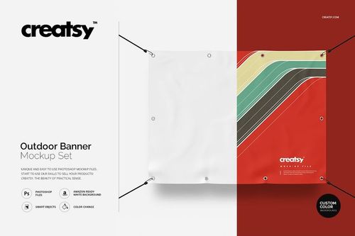 Rectangular outdoor banner mockup with white and colorful diagonal stripes, displayed against a split red and white background.