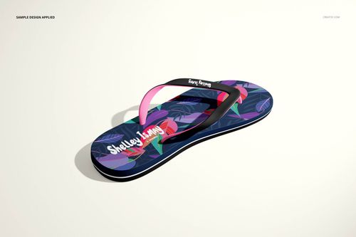 Single flip flop mockup featuring a vibrant botanical design and dual-tone straps, shown from a side perspective on a plain background.