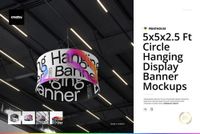 Large circular hanging display banner mockup suspended from a ceiling, featuring bold black text and colorful accents.