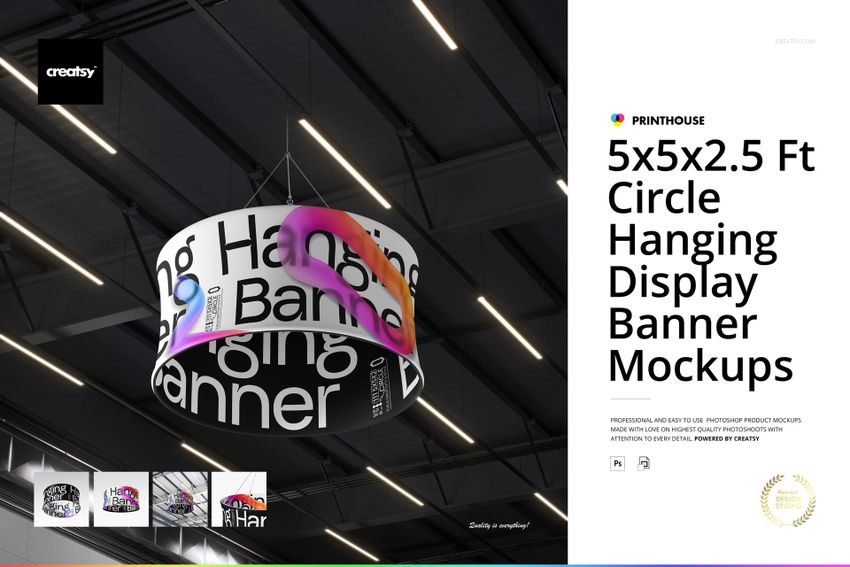 Large circular hanging display banner mockup suspended from a ceiling, featuring bold black text and colorful accents.