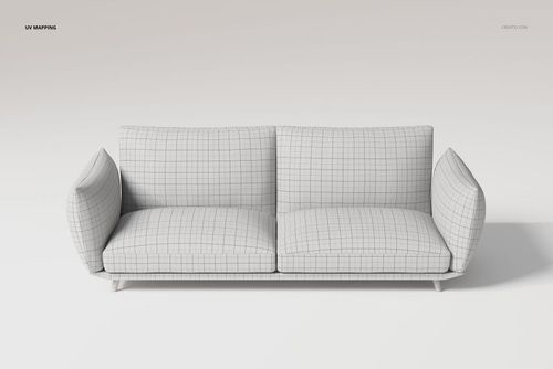 Front view of a linear modern sofa 3D model with a grid pattern, shown against a plain light background.
