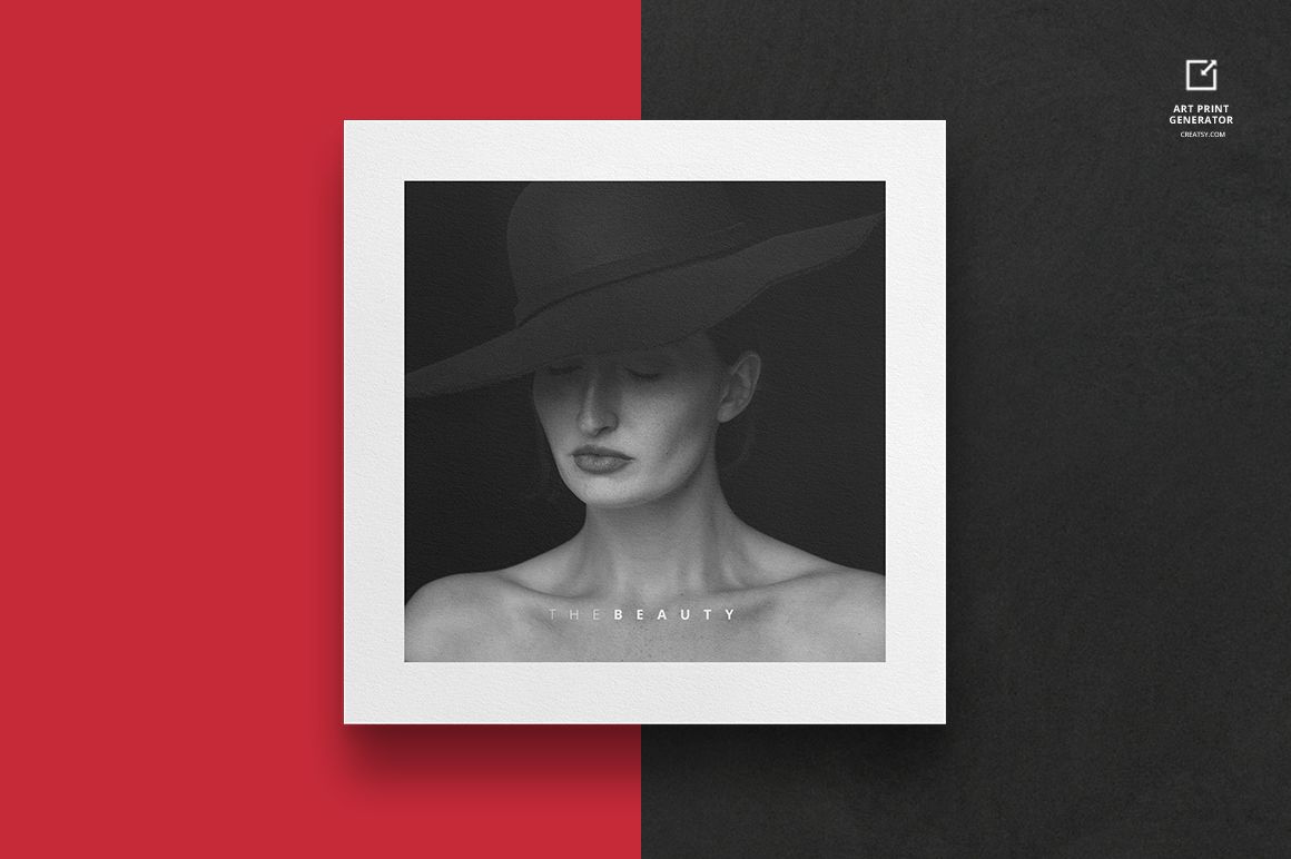 Square art print mockup featuring a monochrome portrait with a wide-brimmed hat, set against a split red and black background.