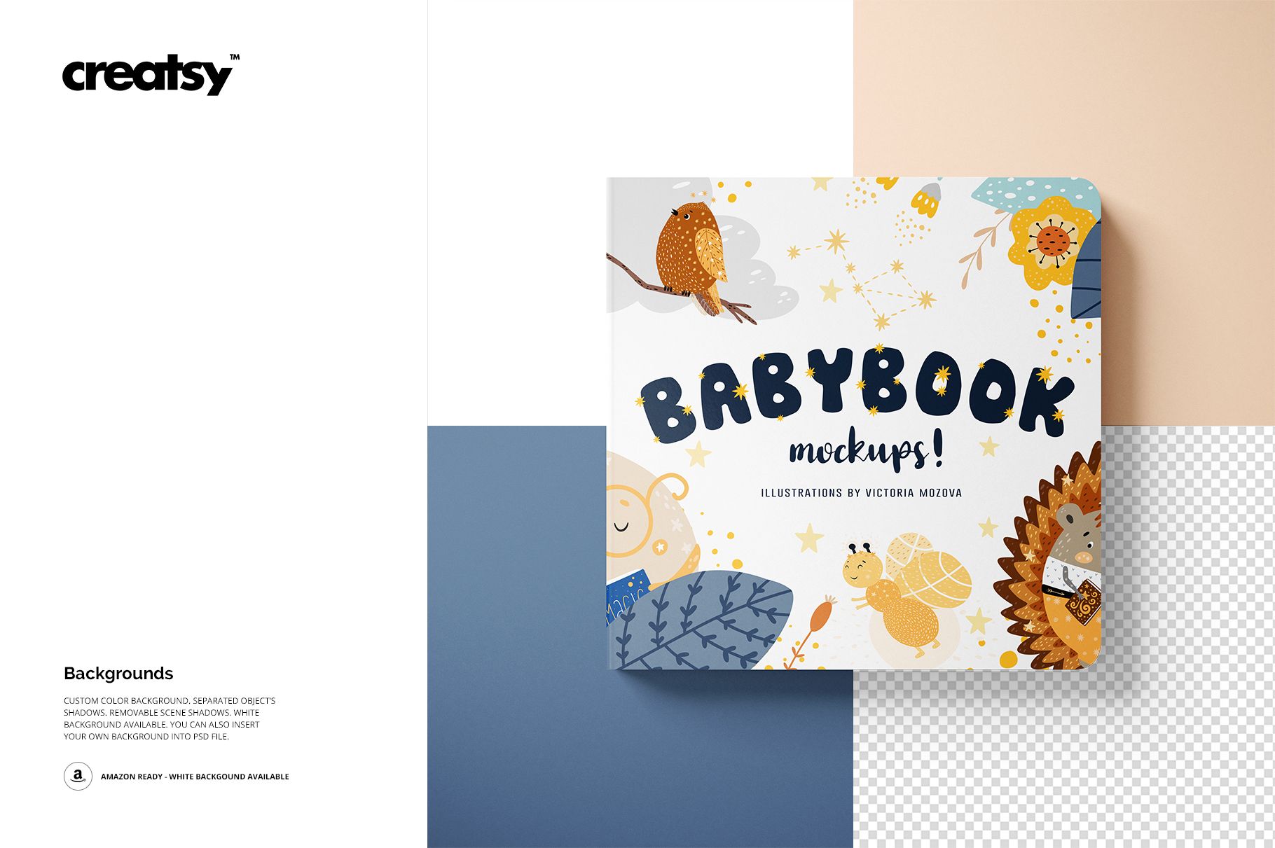 Front view of a cardboard baby book mockup featuring playful animal illustrations and bold text on a pastel backdrop.