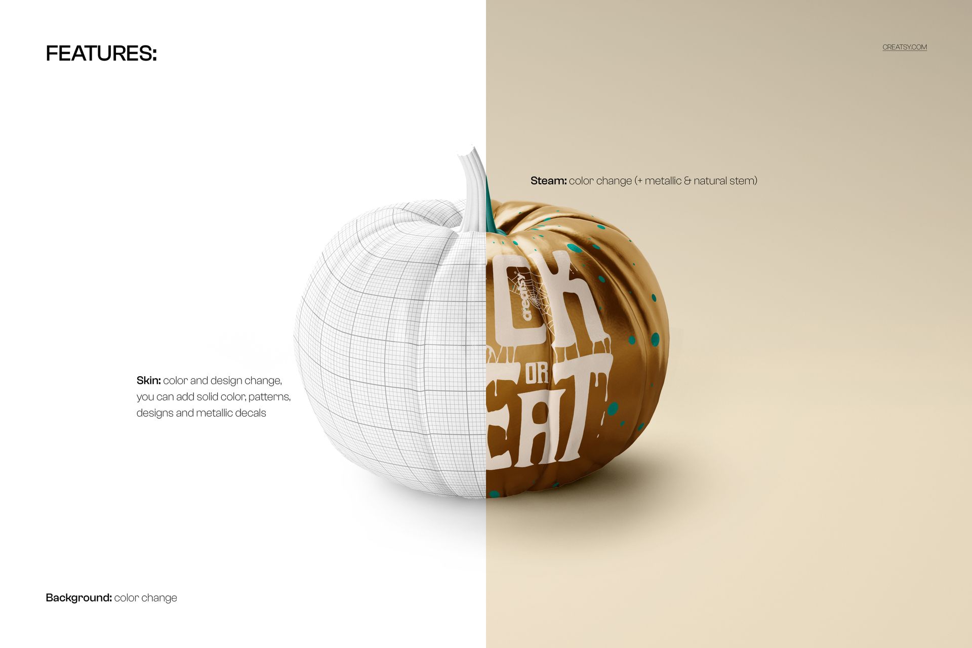 Halloween pumpkin PSD mockup with half wireframe and half decorated orange pumpkin, front view on split background.