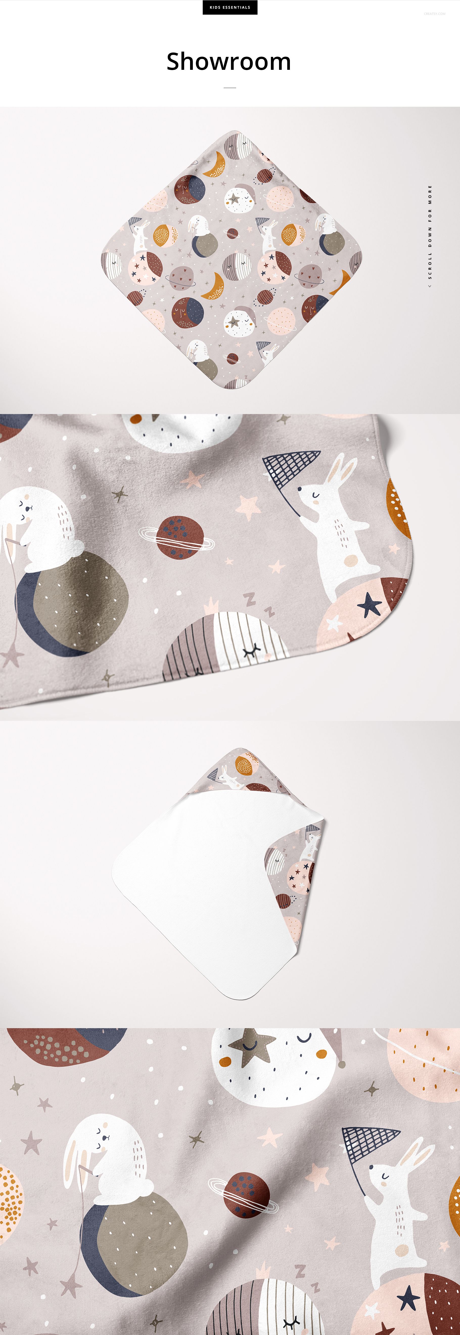 Hooded baby towel mockup featuring a square towel with rounded corners, pastel moon and rabbit pattern, top view.