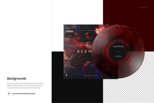 PSD mockup showing a vinyl record with marbled red and black patterns alongside its cover, set against color blocks.