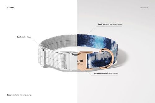 Dog collar mockup with split design showing grid pattern on one side and blue abstract pattern on the other, front view.