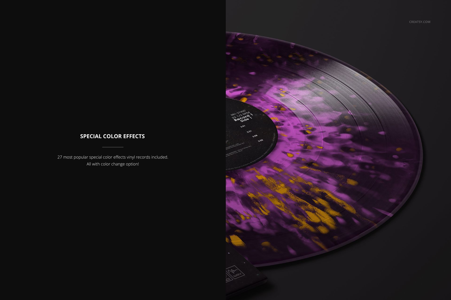 Angled view of a translucent vinyl record with purple and yellow splatter design next to a black cover mockup.
