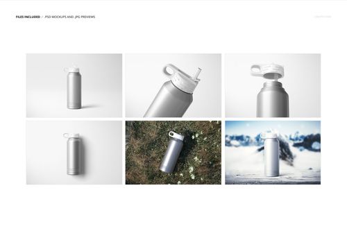Stainless steel water bottle mockup set featuring six images with various backgrounds and perspectives, including outdoor scenes.