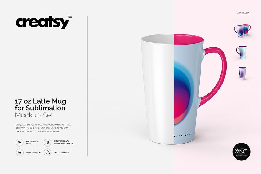 Tall latte mug with a pink handle and abstract circular design, shown in a front view on a light background.