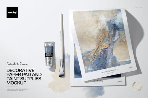 Decorative Paper Pad and Paint Supplies Mockup - mockup preview 1