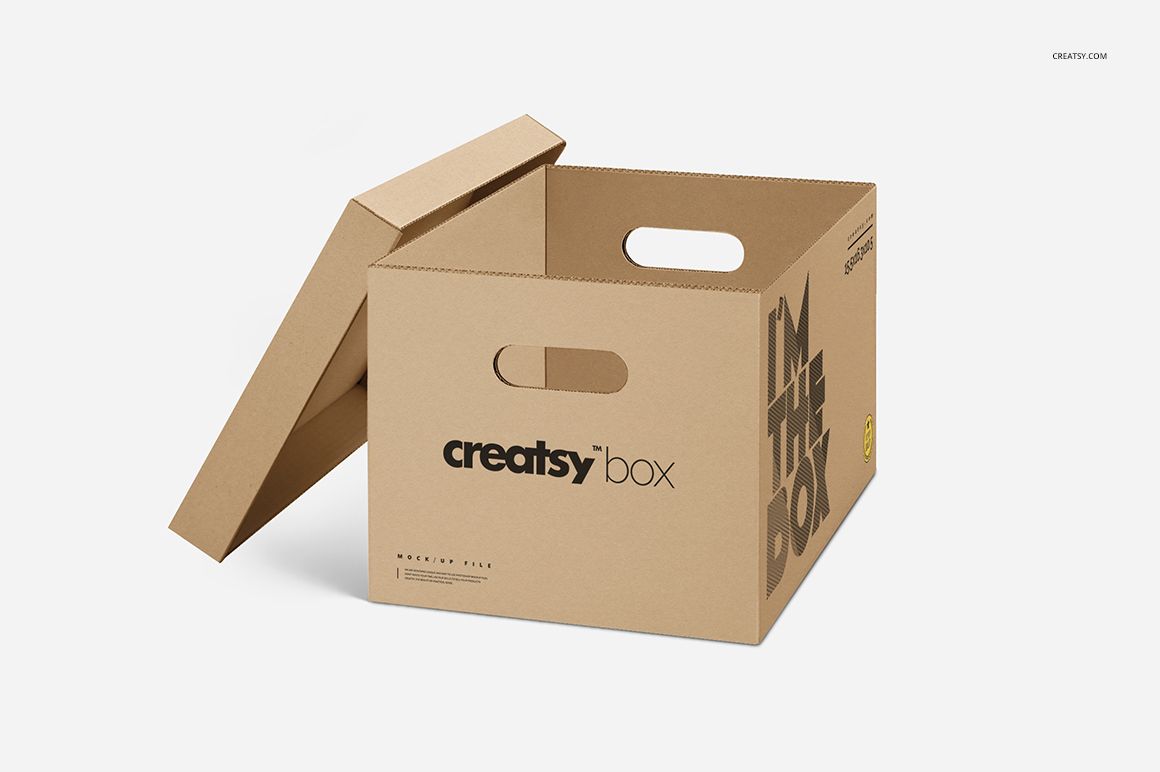 Brown moving box mockup shown with open lid and side handles, set against a plain white backdrop.