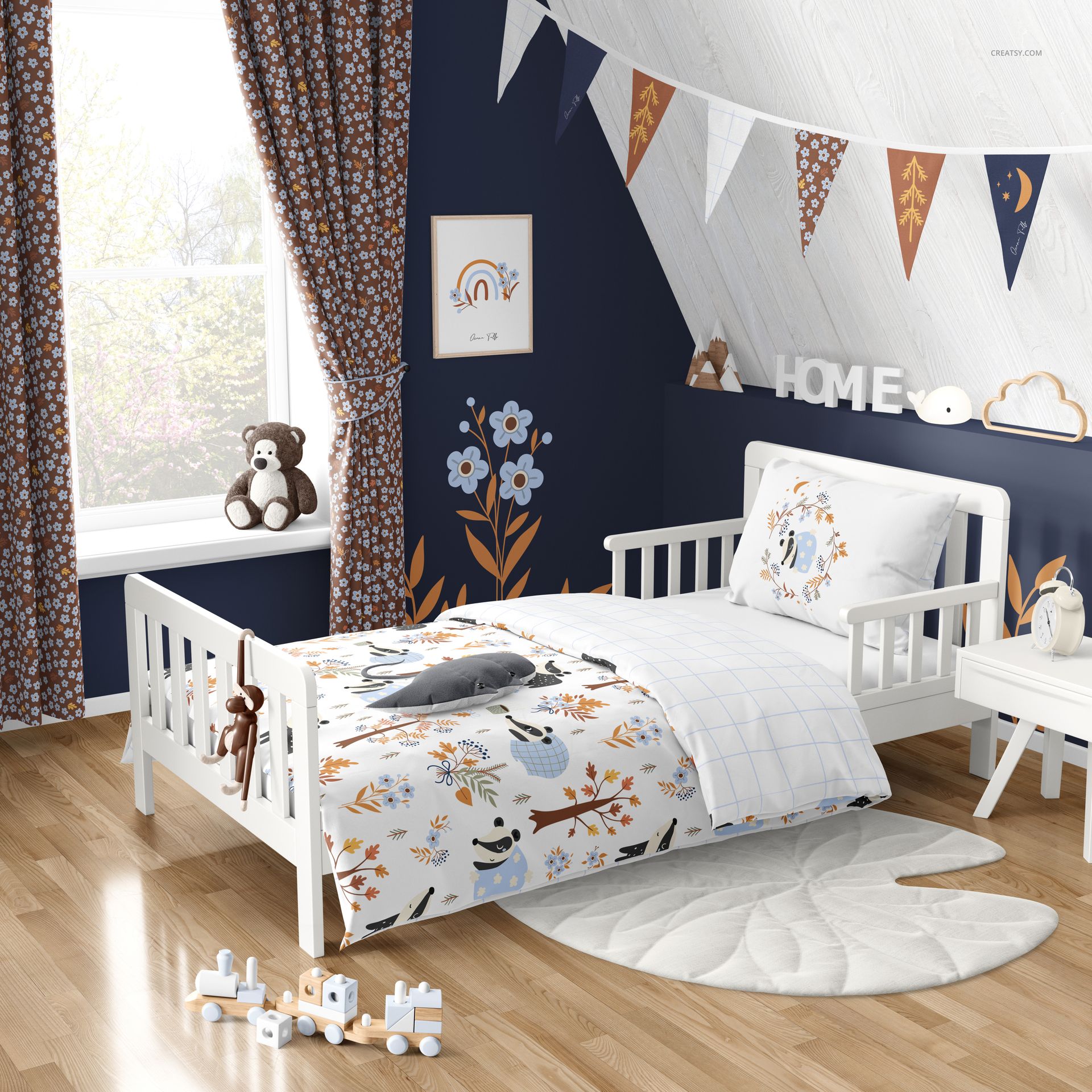 Mockup of a toddler bed featuring a patterned duvet, pillow, and matching curtains in a decorated children's room.