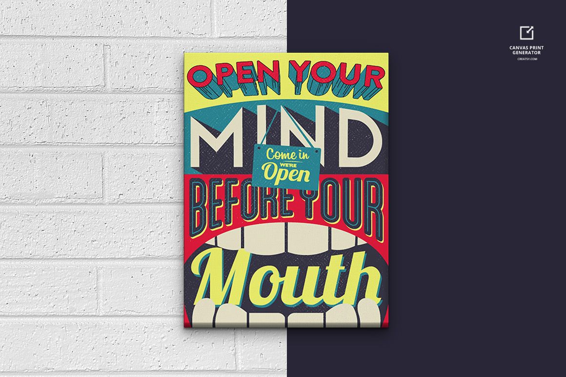 Rectangular canvas print mockup featuring vibrant typography artwork, positioned on a half white brick, half dark wall.