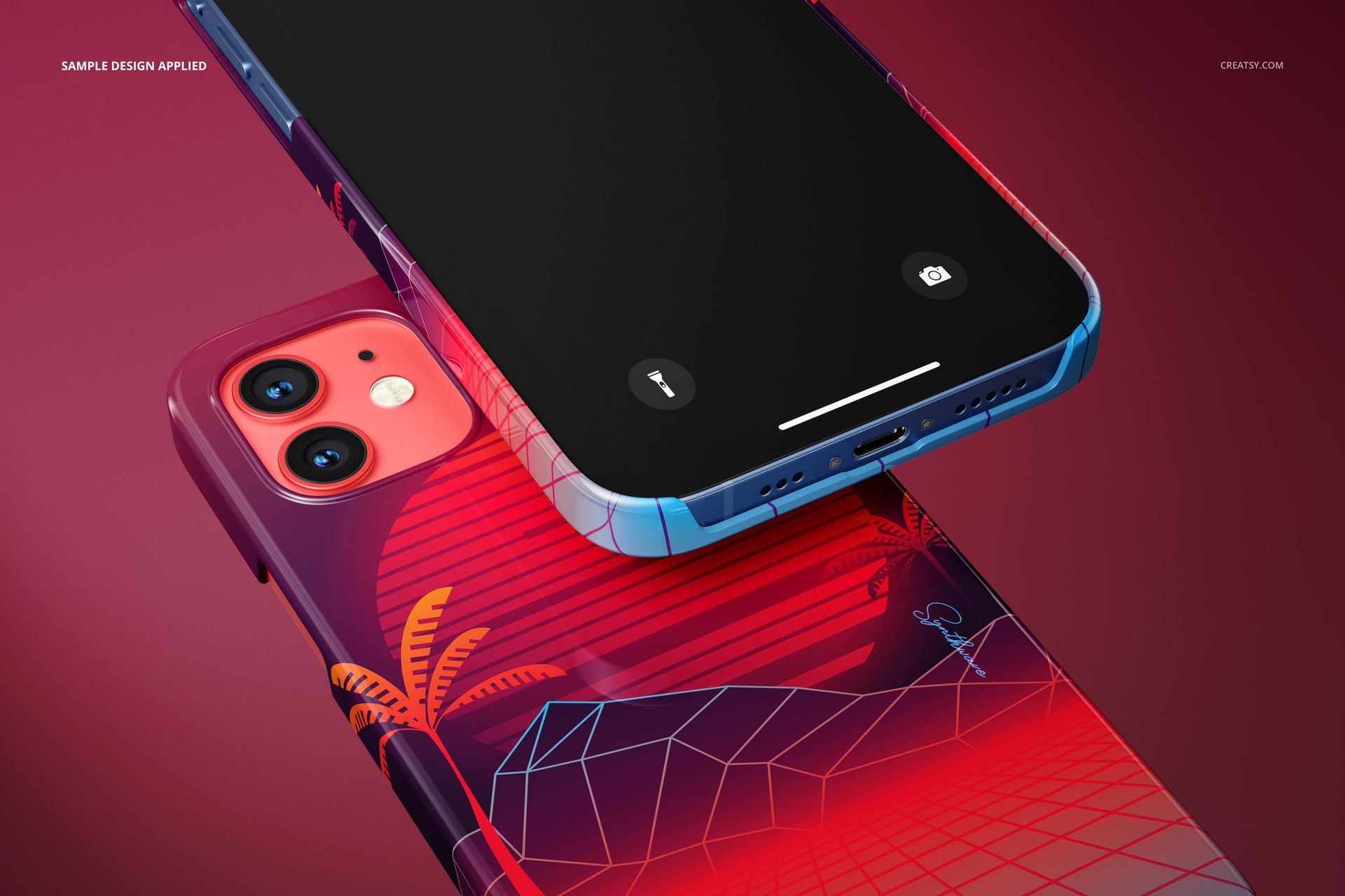 Detailed mockup of iPhone 12 snap cases in vibrant red and blue, showing tropical patterns and geometric lines on a colored background.