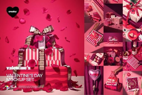 Front view of Valentine’s Day packaging mockup set with striped gift boxes, ribbon bows, and scattered rose petals.