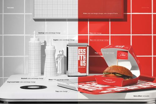 Fast food restaurant poster mockup showing a burger in a box, ketchup and mustard bottles, and napkin holder on a tiled counter.