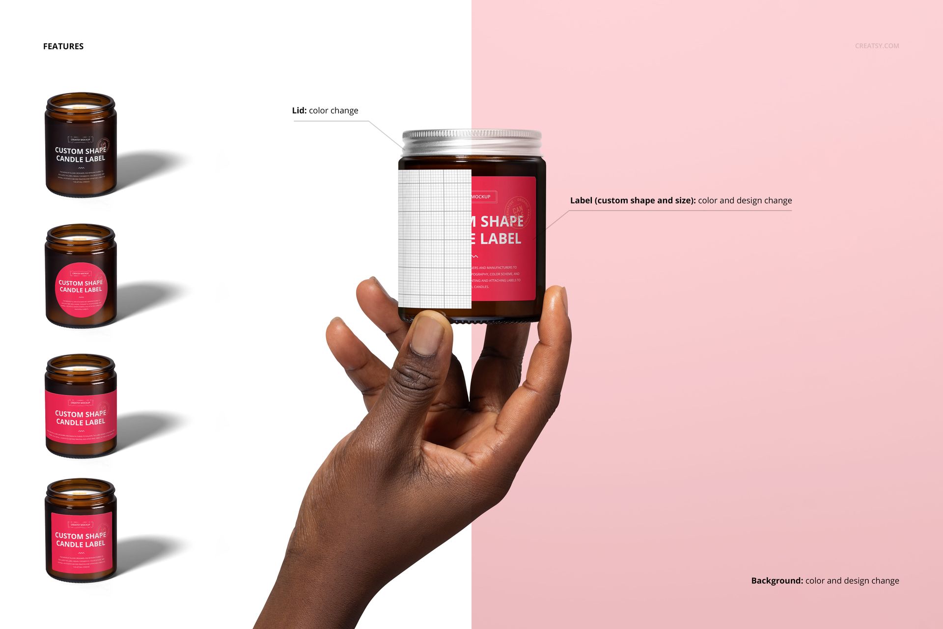 PSD mockup of amber jar candles with wooden wicks, displayed with editable labels and a hand holding one candle in front view.