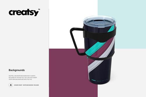 30oz tumbler mockup with matte finish, geometric stripe pattern, and transparent lid, displayed from a front angle.