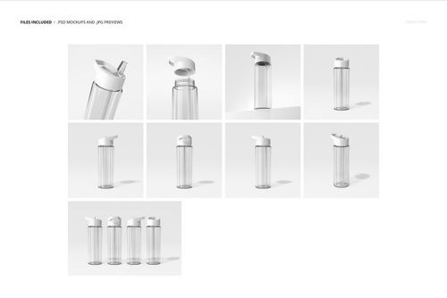 Set of nine acrylic water bottle mockups featuring transparent bodies and white lids in minimalist scenes.