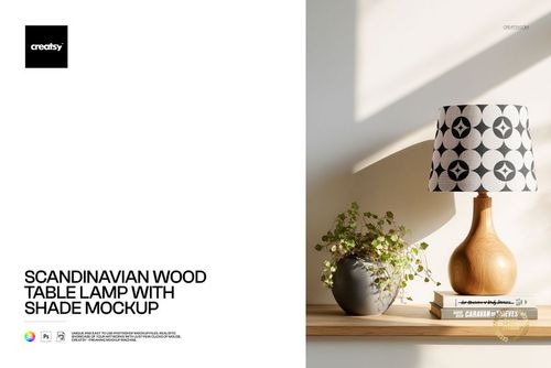 Scandinavian Wood Table Lamp with Shade Mockup - mockup preview 1