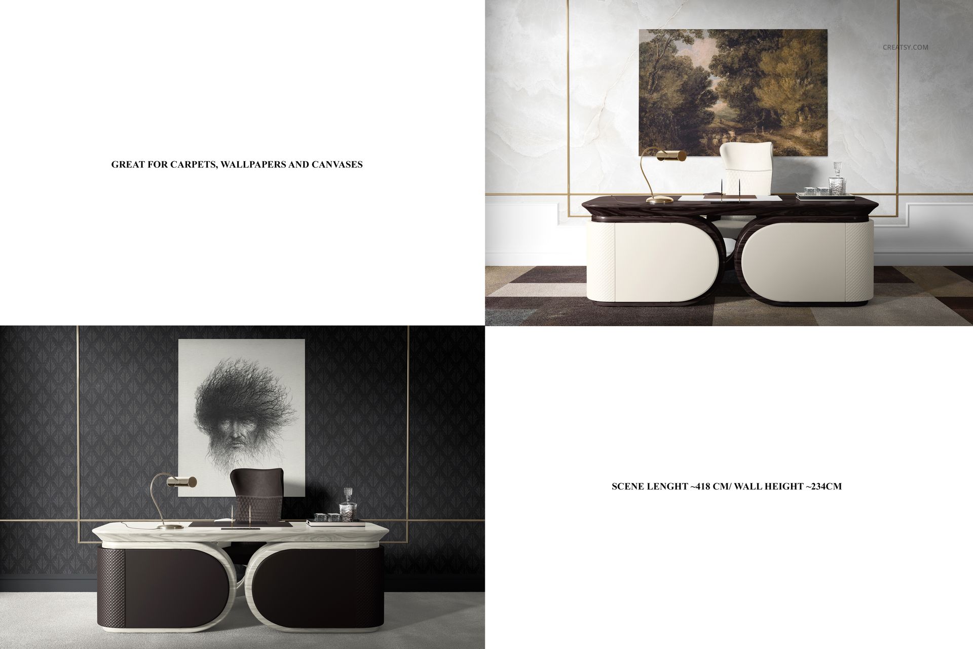 Luxury office canvas print mockup showing two elegant desks in modern rooms, each with a large wall art piece above.