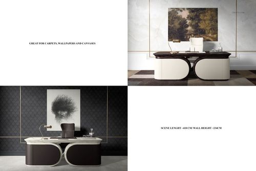 Luxury office canvas print mockup showing two elegant desks in modern rooms, each with a large wall art piece above.